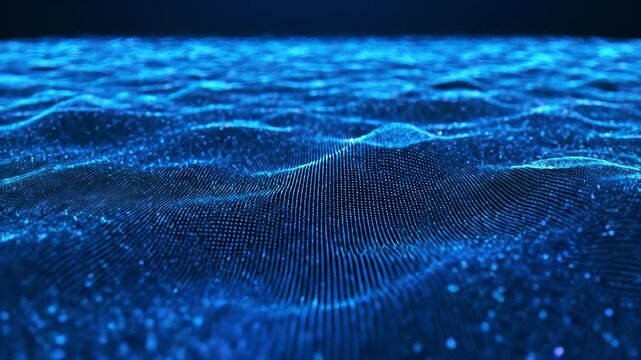 High definition close up of blue light wave undulating on dark surface, abstractly representing innovation and technological advancement, perfect for futuristic and modern visual identities in.