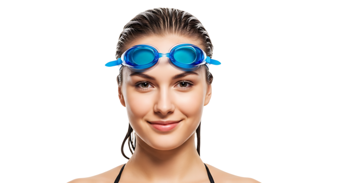 A portrait of a woman with wet hair wearing blue goggles, smiling confidently before or after her swim practice.