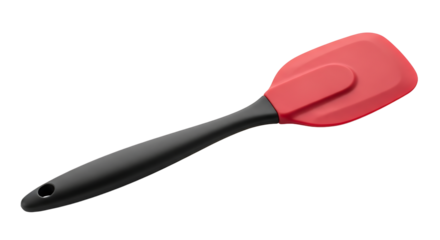 A versatile spatula with a red silicone head and a black handle, designed for cooking and baking tasks in the kitchen.