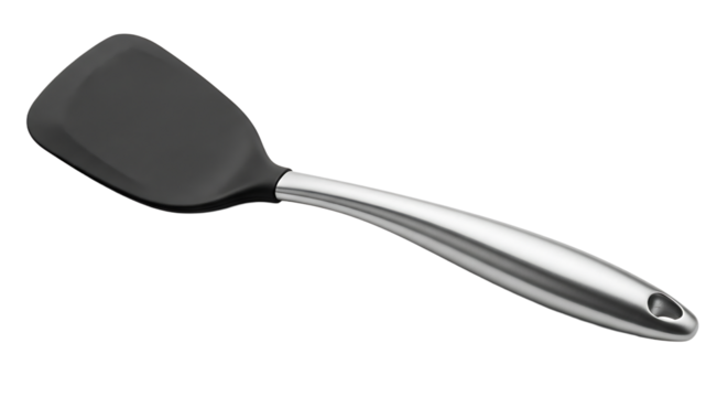 A sleek kitchen spatula, featuring a durable black head and a gleaming stainless steel handle, ready to elevate cooking.