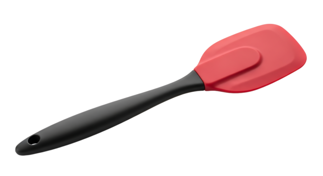 A versatile spatula with a red silicone head and a black handle, designed for cooking and baking tasks in the kitchen.