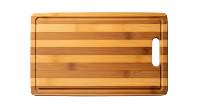 A striped wooden cutting board with a handle is presented on a black surface. This versatile board is perfect for any kitchen.