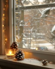 A warm candlelit ambiance viewed through a frosted window, decorated with pine cones and shimmering lights, capturing the essence of winter coziness and holiday spirit in the home.