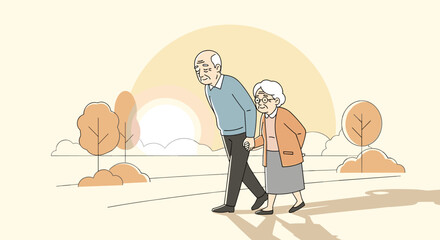 Elderly caucasian couple, a mature male and female, walking hand in hand in a park during sunset with autumn trees in the background.