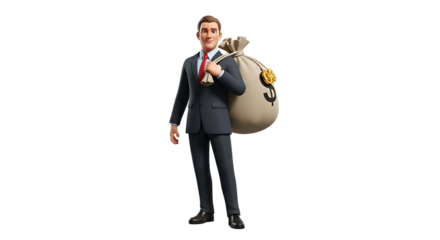 A man in a suit carrying a bag over his shoulder. The bag has a dollar sign on it, symbolizing wealth and earnings.