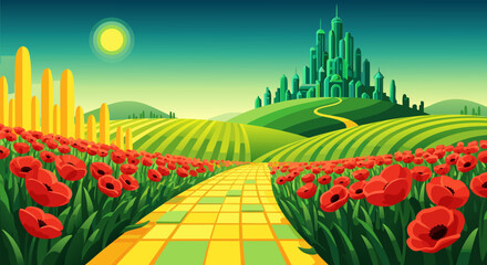 A vibrant depiction of the Emerald City in the distance, approached via a yellow brick road through a field of blooming poppies under a bright sun © Purnomo