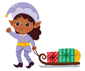 Christmas Elf Girl with Sled of Gifts Illustration. Santa Helper Fairy