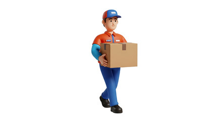 A delivery person carries a parcel. He is in a blue uniform with a matching hat, and he is smiling gently.