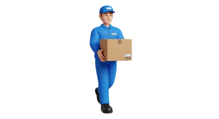 A 3D rendering shows a deliveryman in blue uniform holding a box against a transparent background, moving towards the viewer.