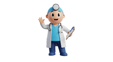 3D animated doctor welcomes and waves, standing tall in attire with stethoscope and clipboard in isolated setting.