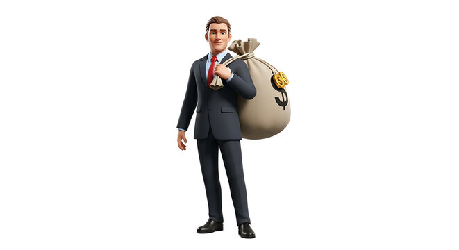 A man in a suit carrying a bag over his shoulder. The bag has a dollar sign on it, symbolizing wealth and earnings.
