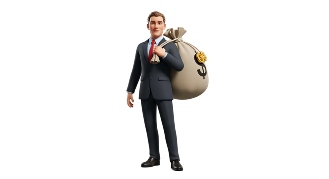 A man in a suit carrying a bag over his shoulder. The bag has a dollar sign on it, symbolizing wealth and earnings.