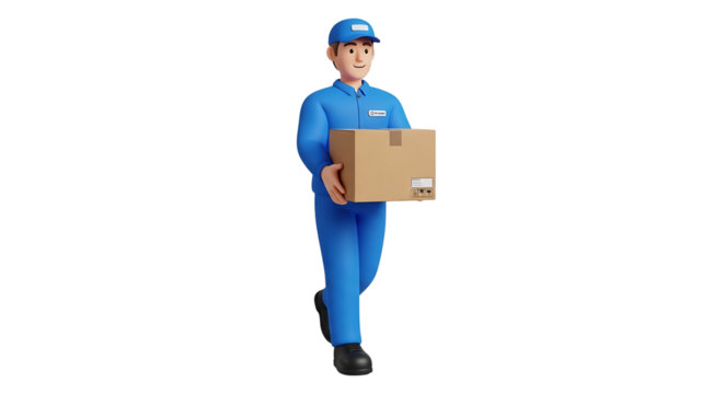 A 3D rendering shows a deliveryman in blue uniform holding a box against a transparent background, moving towards the viewer.