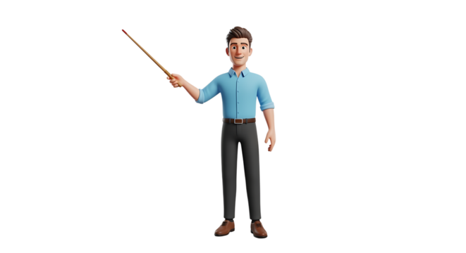 Animated character giving a presentation. He's pointing out important details with his trusty wooden pointer.