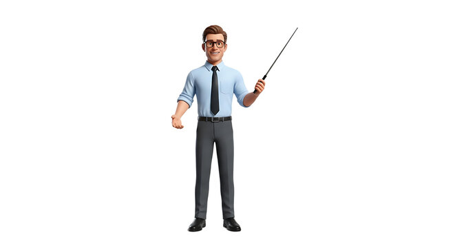A 3D animated character, an educator, stands, holding a pointer, dressed formally, ready to teach or present.