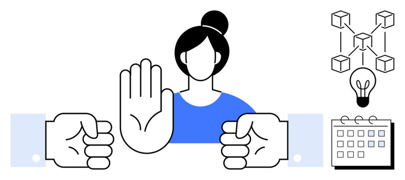 Woman raising hand to indicate pause or halt, hands clenched in disagreement, blockchain structure, idea lightbulb, and calendar. Ideal for conflict resolution, teamwork, innovation, digital tech