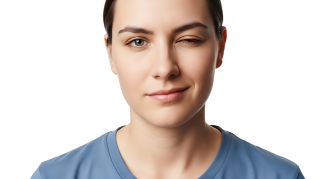 A cheerful young woman winks playfully at the camera, set against a contrasting backdrop, with a soft smile.