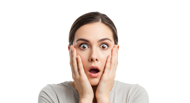 Shocked woman with hands on her face, wide-eyed, mouth open. The surprise is palpable, expression so intense.