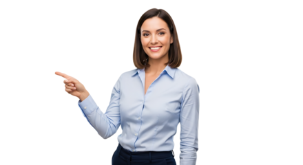 Confident businesswoman points towards blank space, conveying professionalism and a clear sense of direction in business.