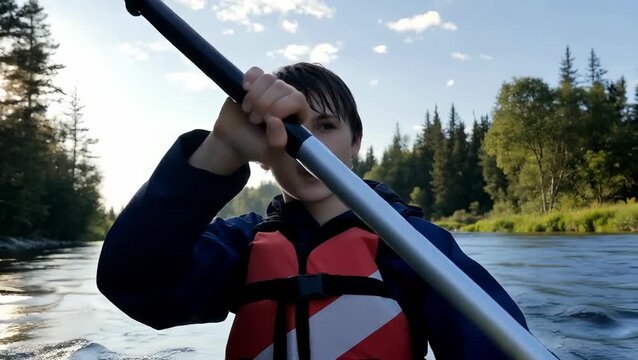Young Caucasian Boy Kayaking on a Serene River Amidst Nature