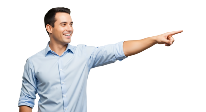 Enthusiastic man in a blue shirt with sleeves rolled points towards a future full of potential, smiling brightly.