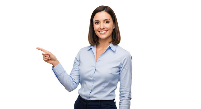 Confident businesswoman points towards blank space, conveying professionalism and a clear sense of direction in business.