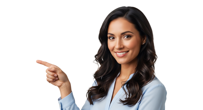 Business woman with elegant brunette hair, confidently pointing towards an unspecified direction with a gentle, friendly smile.