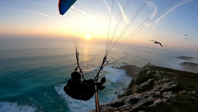 Male Paraglider Enjoying Sunset Over Ocean Cliffs