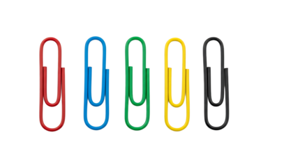 Five colorful paper clips stand upright in a row against a transparent background, neatly arranged and spaced evenly.