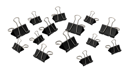 Scattered array of black binder clips against a transparent background, suitable for office supplies or stationery visuals.