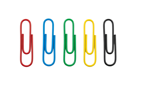 Five colorful paper clips stand upright in a row against a transparent background, neatly arranged and spaced evenly.