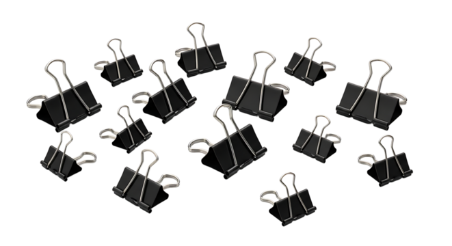 Scattered array of black binder clips against a transparent background, suitable for office supplies or stationery visuals.