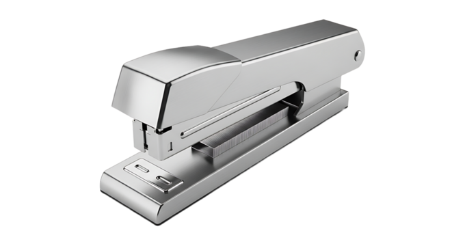 A sleek, chrome stapler rests against a transparent background, ready to join documents with precise fastening.