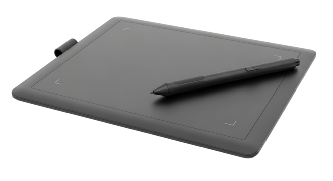 A sleek black graphics tablet and stylus are displayed against a stark transparent background, highlighting its minimal design. - Powered by Adobe