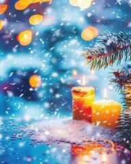 Two vibrant candles surrounded by snow and pine branches, exuding warmth and festive spirit, perfect for evoking a cozy atmosphere during the winter holidays and seasonal celebrations.