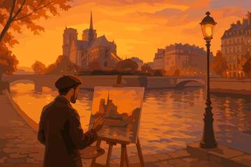 A male artist in his twenties paints a landscape of a parisian sunset, capturing the warm hues of the river and historic buildings in vibrant colors.