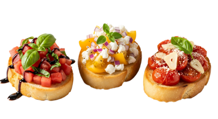 Three delightful bruschetta variations, each offering a unique taste sensation and a burst of colors in every bite.