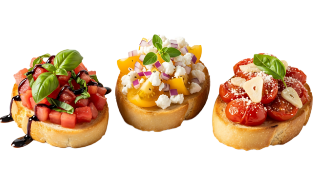 Three delightful bruschetta variations, each offering a unique taste sensation and a burst of colors in every bite.
