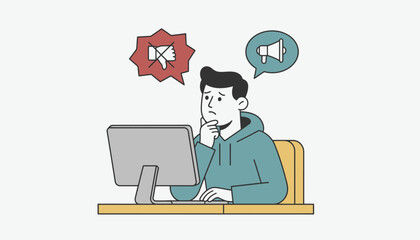 A student at a computer with a thoughtful expression contemplating whether to engage with negative comments or to speak out against them.