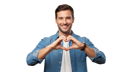 A kind man expresses love with a warm smile and a heart-shaped gesture, conveying affection in a friendly manner.