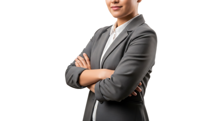 A confident woman with crossed arms, wearing a gray suit and white blouse, embodying professional poise and determination.