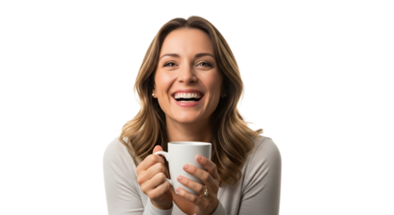A joyful woman is smiling with a cup, her expression radiating warmth and positivity. The drink is her simple pleasure.