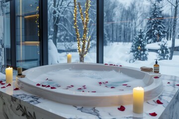 An elegant bathtub filled with bubbles, rose petals, and candlelight, set against a backdrop of snow-covered trees, inviting relaxation and indulgence during the serene winter season.