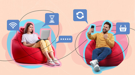 Content manager, creative collage. Man and woman with laptop and mobile phone on beige background....
