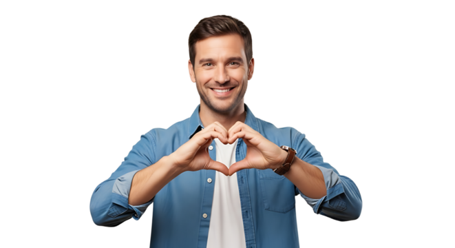 A kind man expresses love with a warm smile and a heart-shaped gesture, conveying affection in a friendly manner.