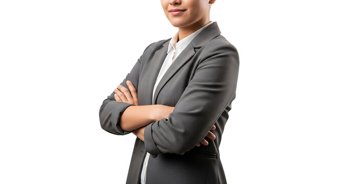 A confident woman with crossed arms, wearing a gray suit and white blouse, embodying professional poise and determination.