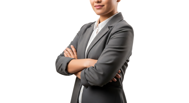 A confident woman with crossed arms, wearing a gray suit and white blouse, embodying professional poise and determination.