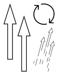 Bold upward arrows paired with a circular motion sign and dashed rising arrows convey progress, growth, motion. Ideal for business, direction, innovation, change, ambition, success simple flat