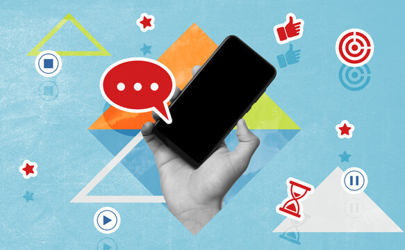 Content manager. Smartphone in man's hand and icons on light blue background, creative collage - Powered by Adobe