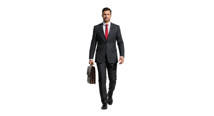 Focused executive strides forward, a picture of professional confidence and determination, with a briefcase in hand.